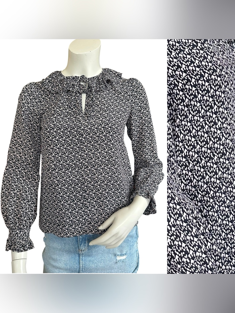 Rebecca Taylor Navy Blue Pale Pink High Neck Ruffle Flowy Silk Blouse Size 00
